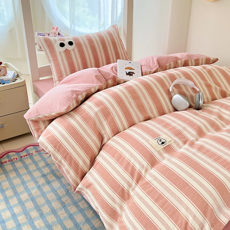100% Cotton Bedding Set Minimalism Stripes, Lovely Big Eyes Embroidery, Back to School for Student Dormitory Decor, Single Size