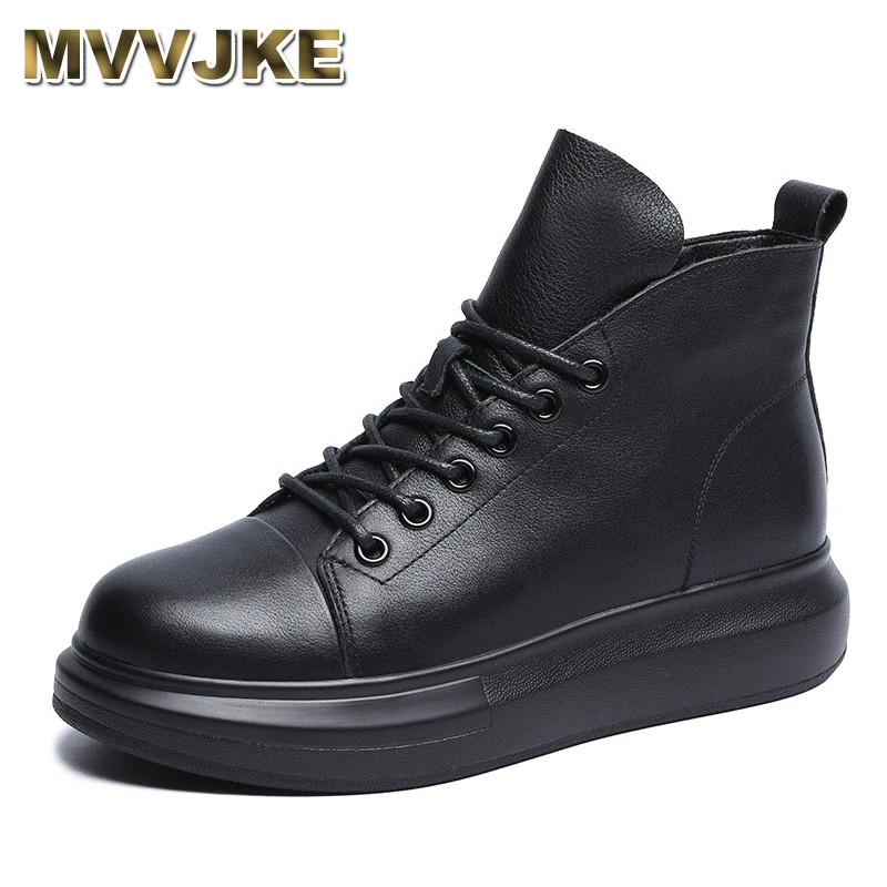 

Fashion Black Thick Bottom Ankle Boots For Women Winter Warm Shoes Genuine Leather Round Toe Platform Casual Short Boots