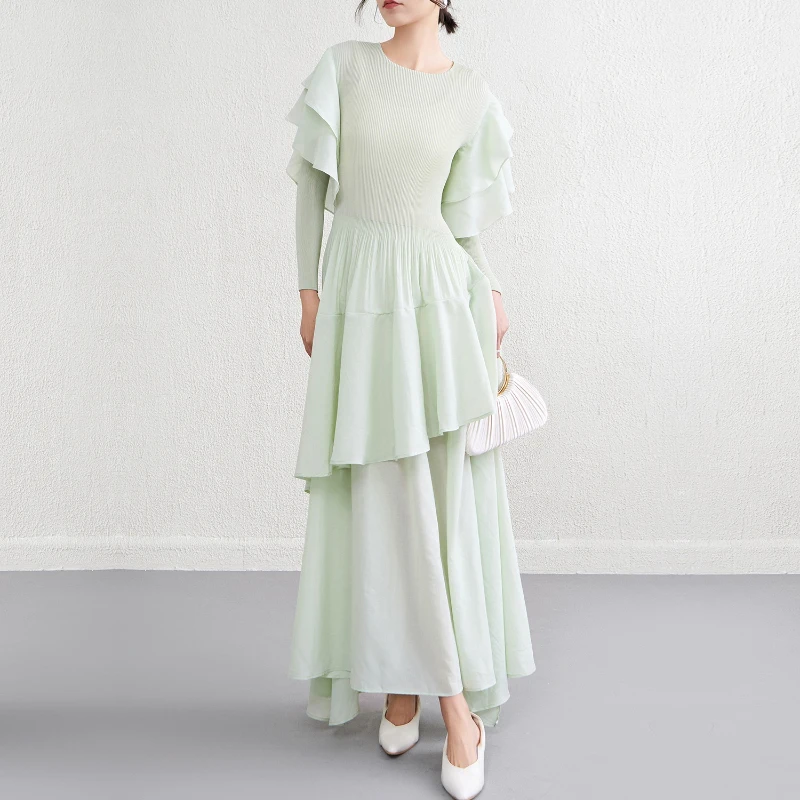 

Fashion Elegant Dress 2025 Spring and Autumn Ruffled Long-sleeved Solid Color Women's Dress