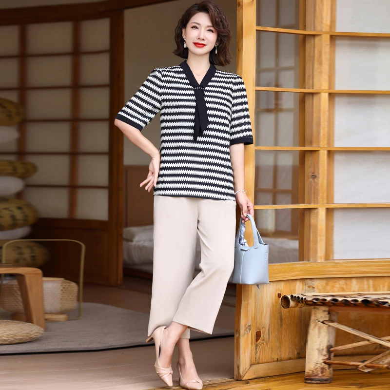 Striped T-shirt+loose Pants Set For Women\'s Fashionable Summer Casual Set Short Sleeved Classic Top 2024 Plus Size Women\'s Pants