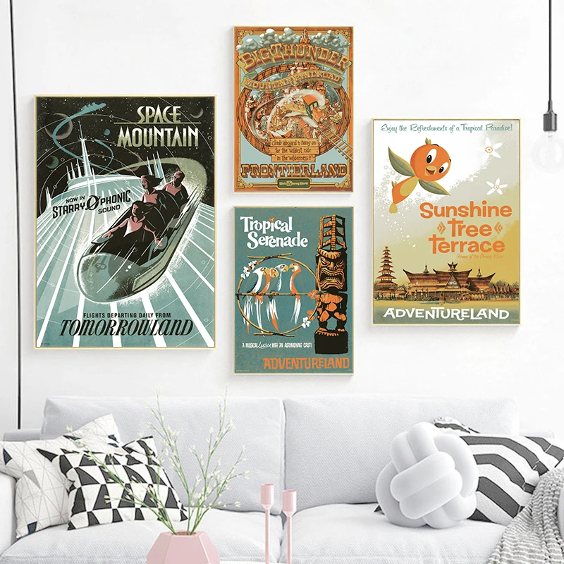 Magic Kingdom Retro Posters Disneyland Art Prints Space Mountain, Adventureland Disney Theme Parks Wall Pictures Canvas Painting