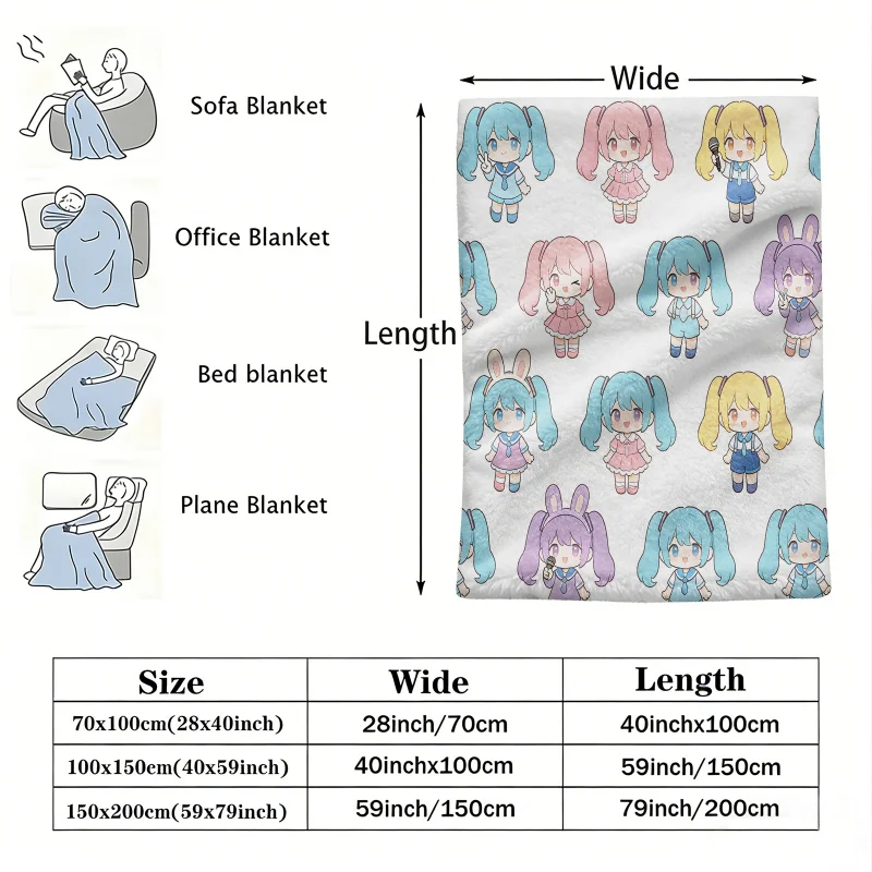 Hatsune Miku Multi-Outfit Chibi Flannel Throw Blanket Bedroom Decor Cute Anime Nap Blanket Air Conditioner Throw Sofa Throw Cove
