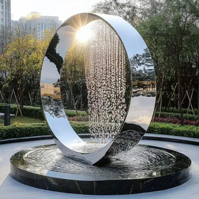 Stainless Steel Circular Water Feature Sculpture Outdoor Garden Plaza Ornament Mirror Polished Surface Customizable Size