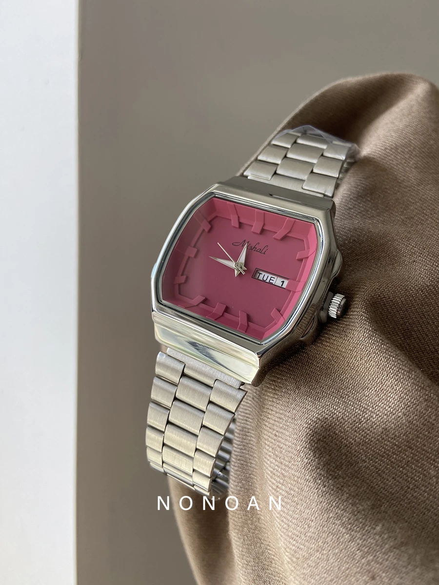 ساعة نسائية راقية موضة فاخرة راقية رمادي وردي وردي أرجواني قرص كبير ساعة مزاجية نسائية هدية نسائية