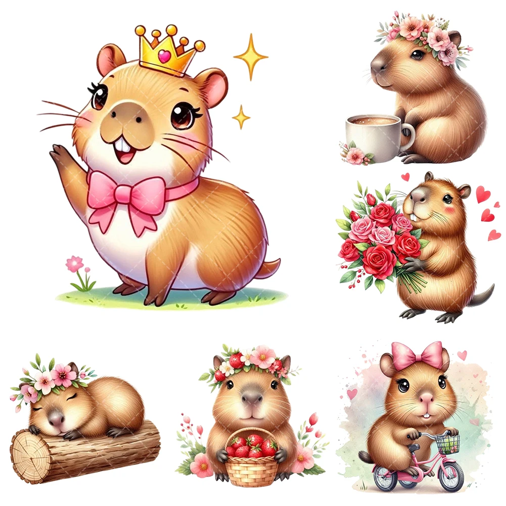 

Cartoon Animals Designs Capybara Heat Transfer Stickers Iron On Clothes Bags DTF Vinyl Thermal Appliques Washable DIY Patches