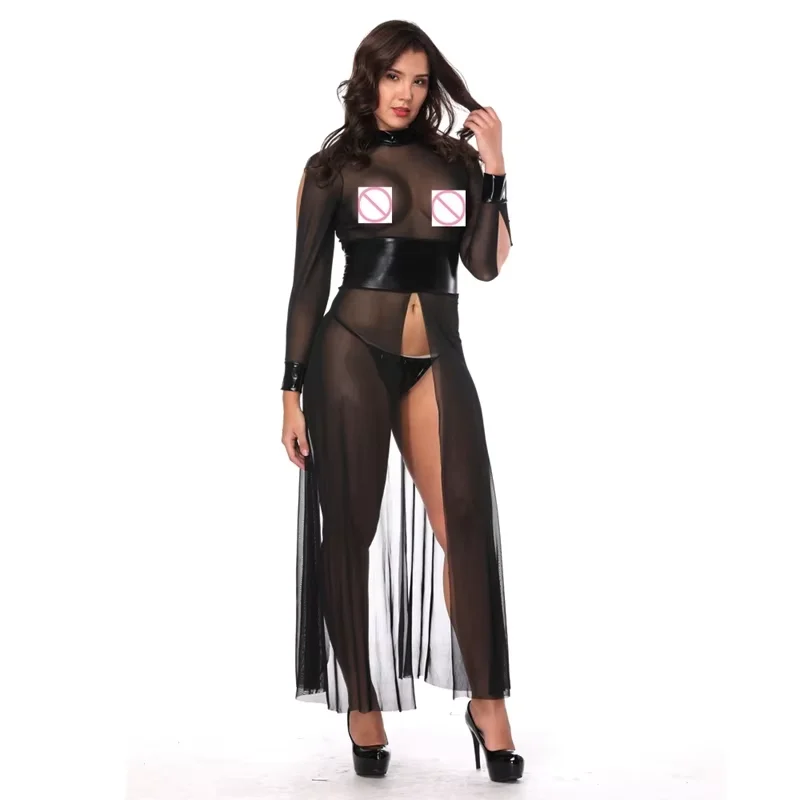 

Sexy Lace Gauze Leather Splicing Mesh Perspective Long Dress Elegant American Style Temperament Summer New Women's Dresses
