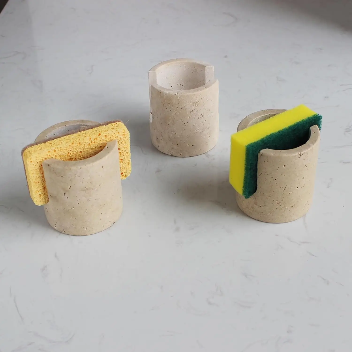 Travertine Sponge & Soap Holder Natural Stone Drainage Rack for Kitchen Sink Countertop Stylish Drying Stand for Sponges Soaps