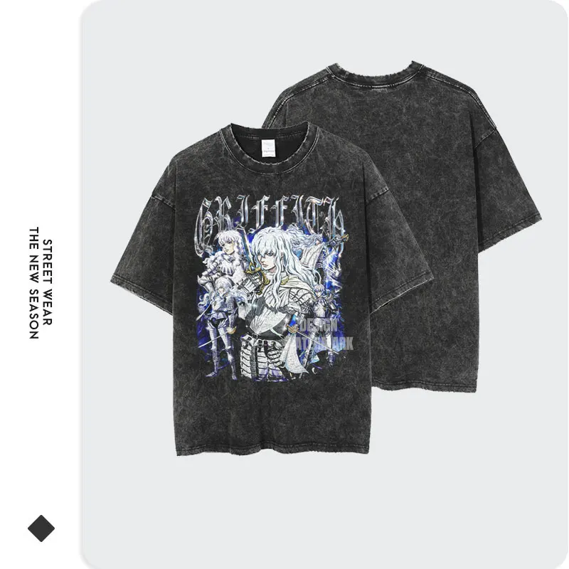 Griffith T-shirts Oversized Streetwear Vintage Washed Anime Kenpuu Denki T Shirt Short Sleeve Retro Manga Guts Tops Tees Men image 2