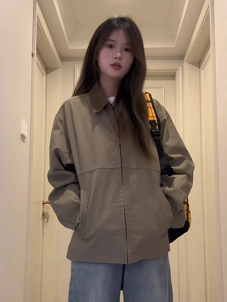 

Brown American Barn Sle ort Baseball Jaet Men's Vintage Detroit Coat Flip Collar Workwear Polyester Fiber Long Sve