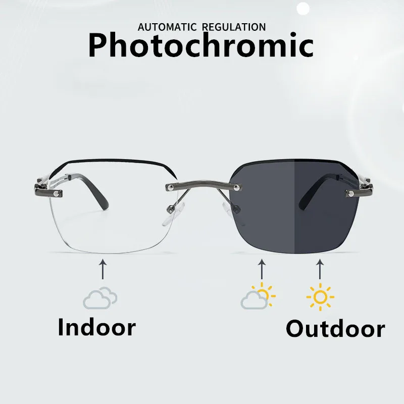 Luxuriöse Rahmenlose Photochrome Lesebrille für Herren mit Blaulichtfilter UV400 und Intelligenter Farbwechsel-Funktion für Presbyopie