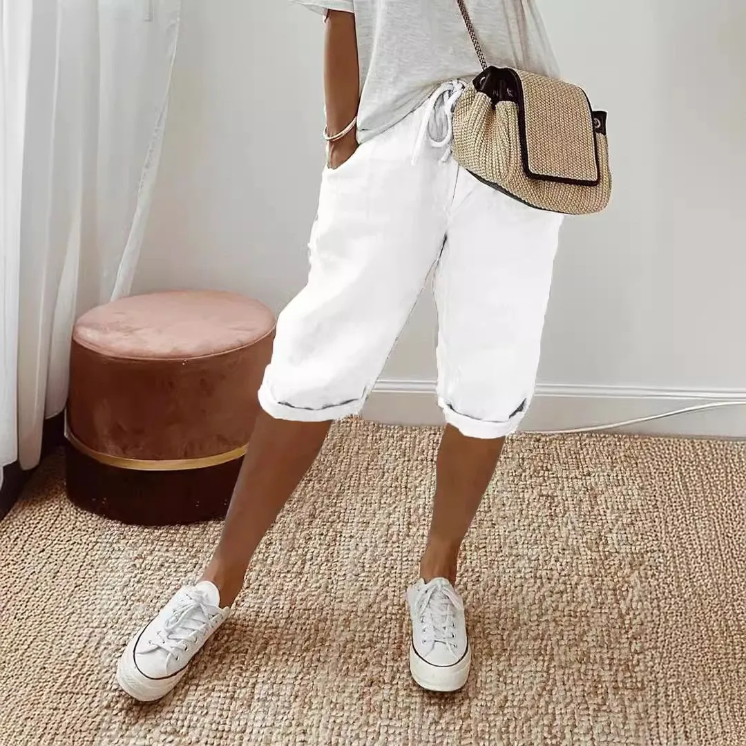 Women Capri Pants Orange Knee Length Crop Pants Mid Waist White Three Quarter Pants Loose Grey Cropped Trousers Solid Purple