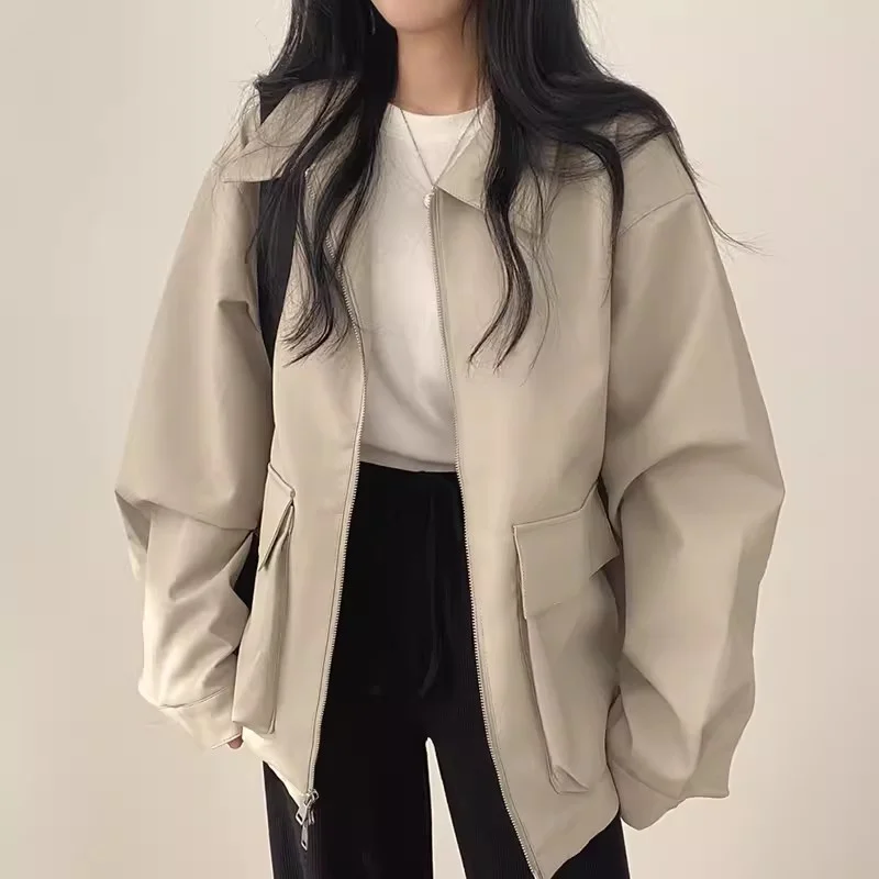 2024 Spring Autumn Retro Polo Collar Large Pocket Zipper Cardigan Jacket Casual Long Sleeved Leather Coat Short Jacket for Women