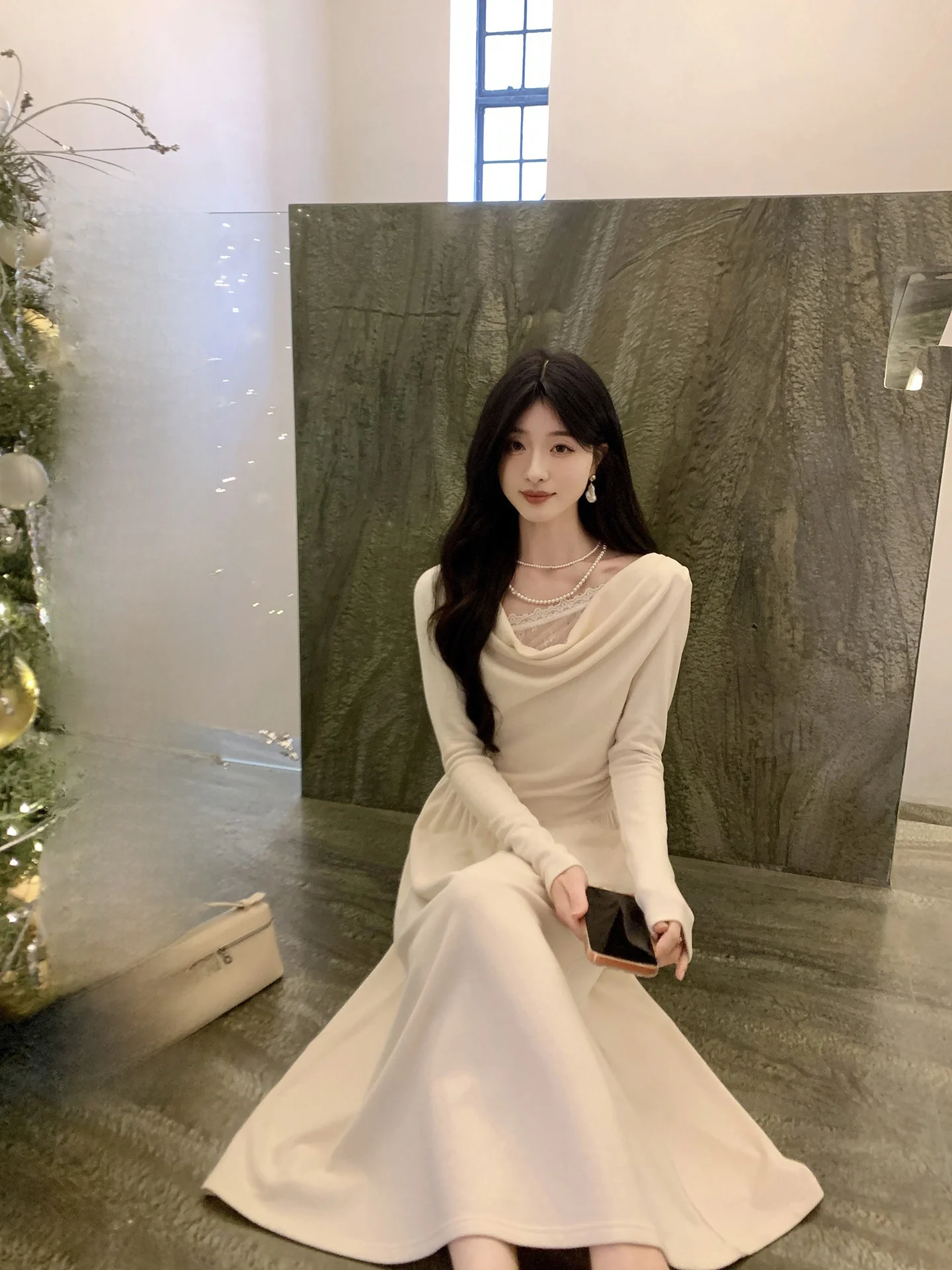 

Aboutpoem Romantic Lace Knitted Long Dr Women's Spring High Elastici Waist Cinched Fake Two-Piece Dr French Sle