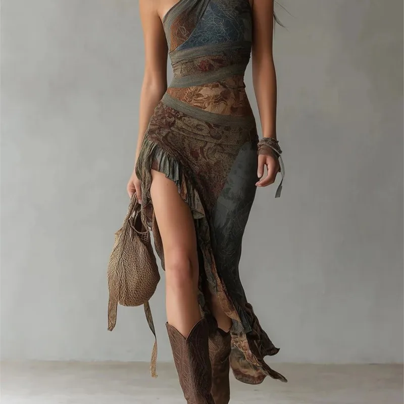 Damen Boho Patchwork-Maxikleid mit One-Shoulder-Design, hohem Schlitz, asymmetrischem Saum, Vintage, ärmellos, schmal geschnitten, für Sommer, Strand und Party