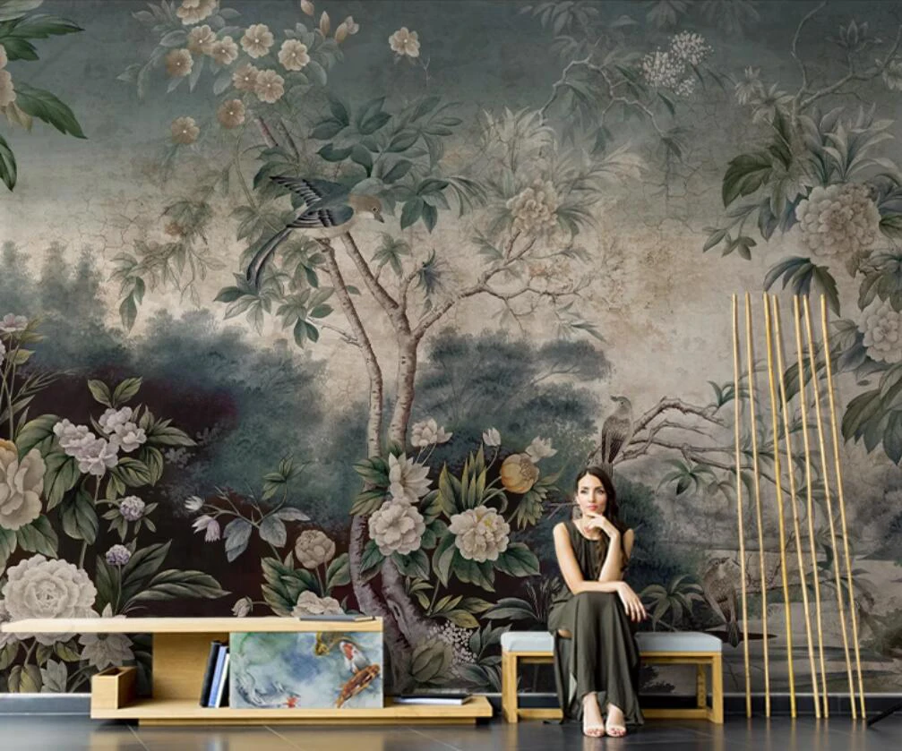 

papel de parede American retro 3d wallpaper TV background wall bedroom flower and bird light luxury wall paper customized mural