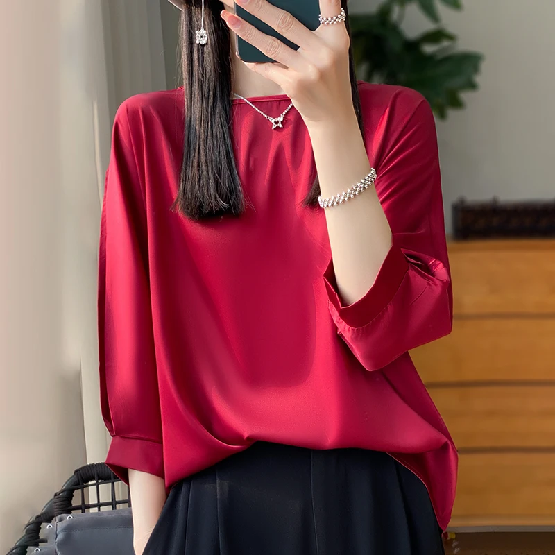 New Acetic Satin Nine-Sleeve T-shirt in Summer Women\'s Round Neck Loose Large Size Wide Sleeves Outside