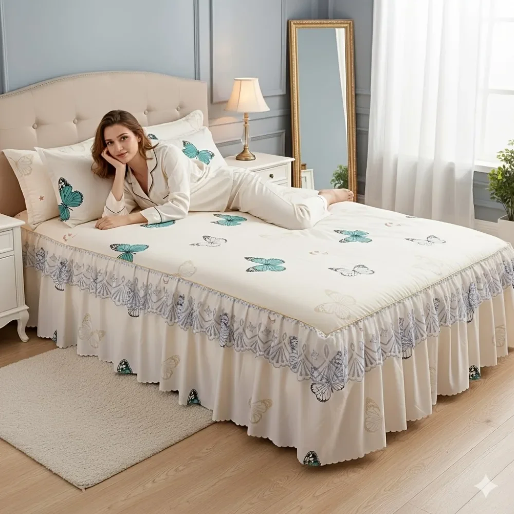 1/3PCS Nordic Floral Queen Bed Skirt with 2pcs Pillowcase Double Single Mattress Cover Anti-slip Full Size Adjustable Bedspread