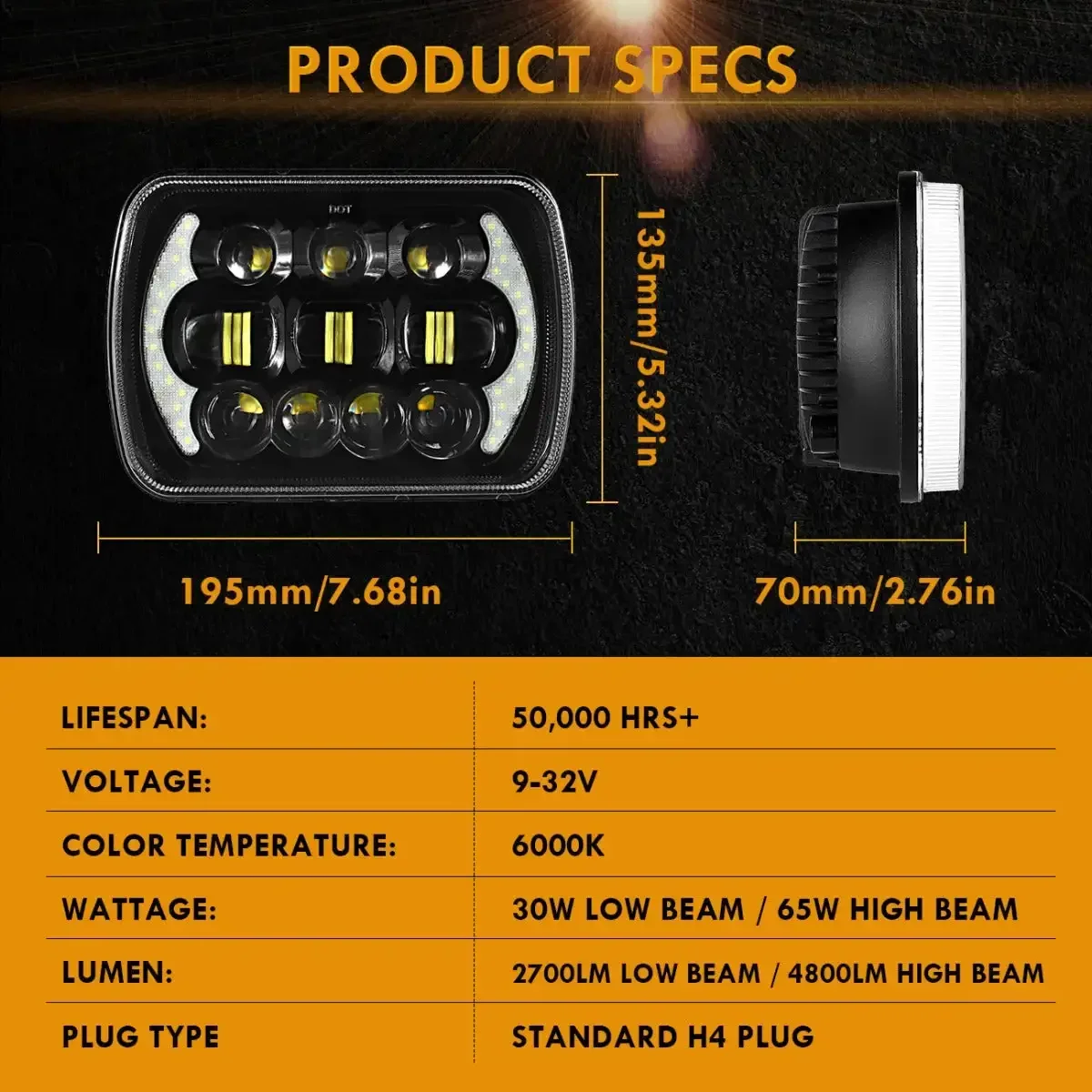 7X6inch Car Headlights with DRL Hi-Lo Beam 130W for Jeep Wrangler Cherokee XJ YJ MJ Comanche / Ford F250 Super Duty Driving Lamp