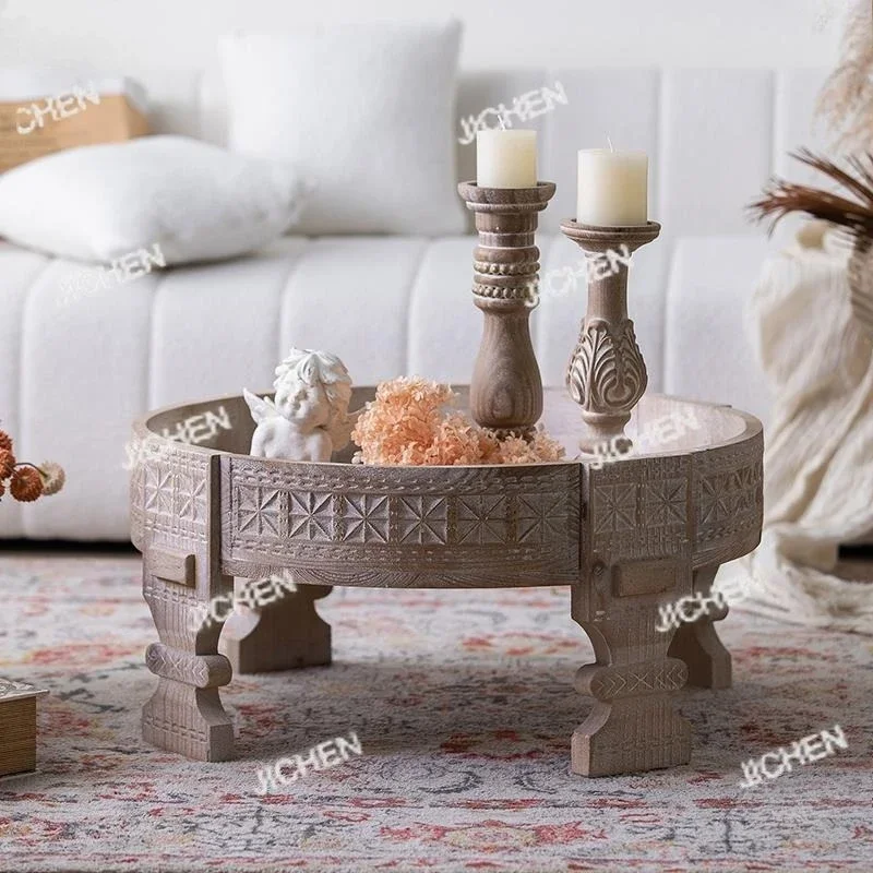 

CSS American Retro Carved Coffee Table Morocco Living Room Sofa Side Few Solid Wood Balcony Small Round Table Wooden Old Round T