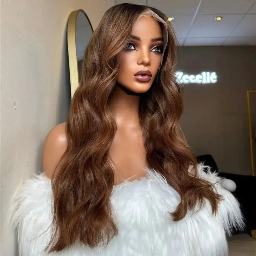 ハニーブルネット-イージーキャップウィッグ-女性用-人毛と合成繊維を混ぜたレースフロントウィッグ-耐熱性-フルウィッグ-初心者向け