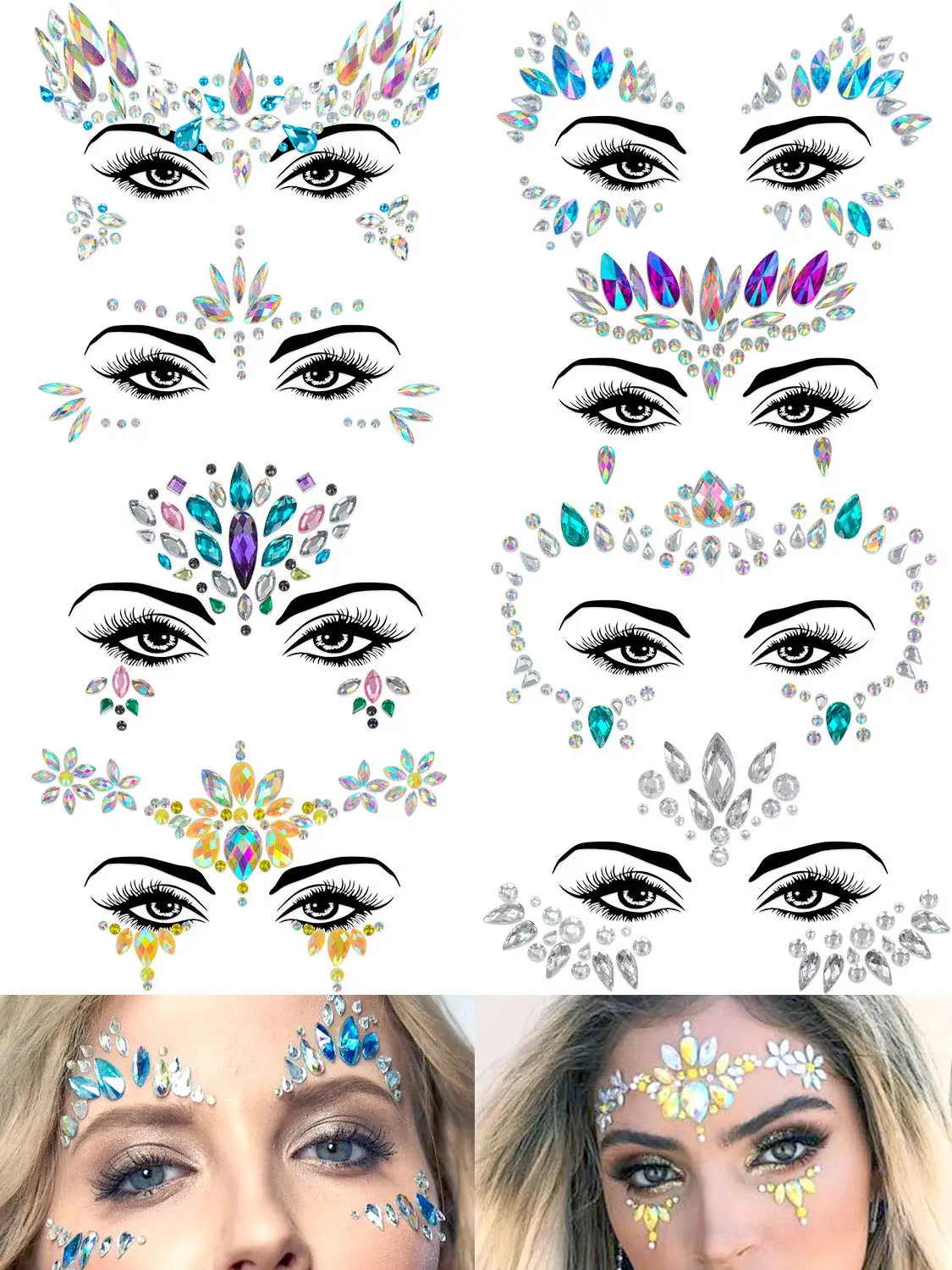 

8pcs Face Festival Stickers 3D Diamond Temporary Tattoo Kids Show Makeup Halloween Party DIY Face Jewelry Tattoo Decoration