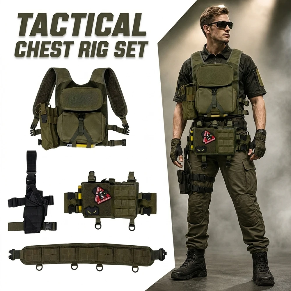 

Tactical Molle Chest Rig Bag with Backpack Waist Belt Adjustable Durable Nylon Multi-Pocket Game Prop for Paintball Wargame