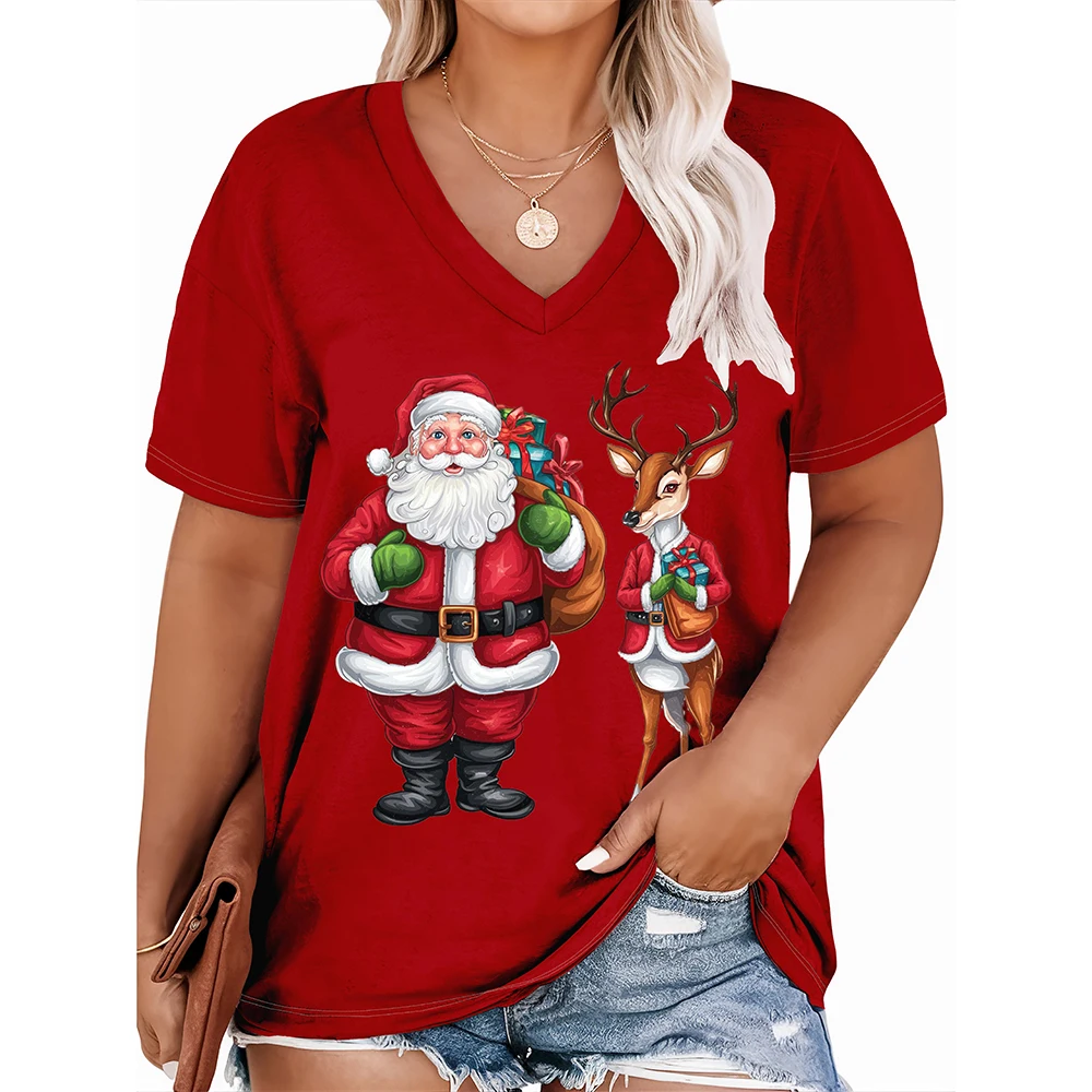 Women\'s Cartoon Santa Claus Print Tops Christmas T Shirts Tees Short Sleeve V-Neck Casual Party Clothing Oversized Ladies Tops