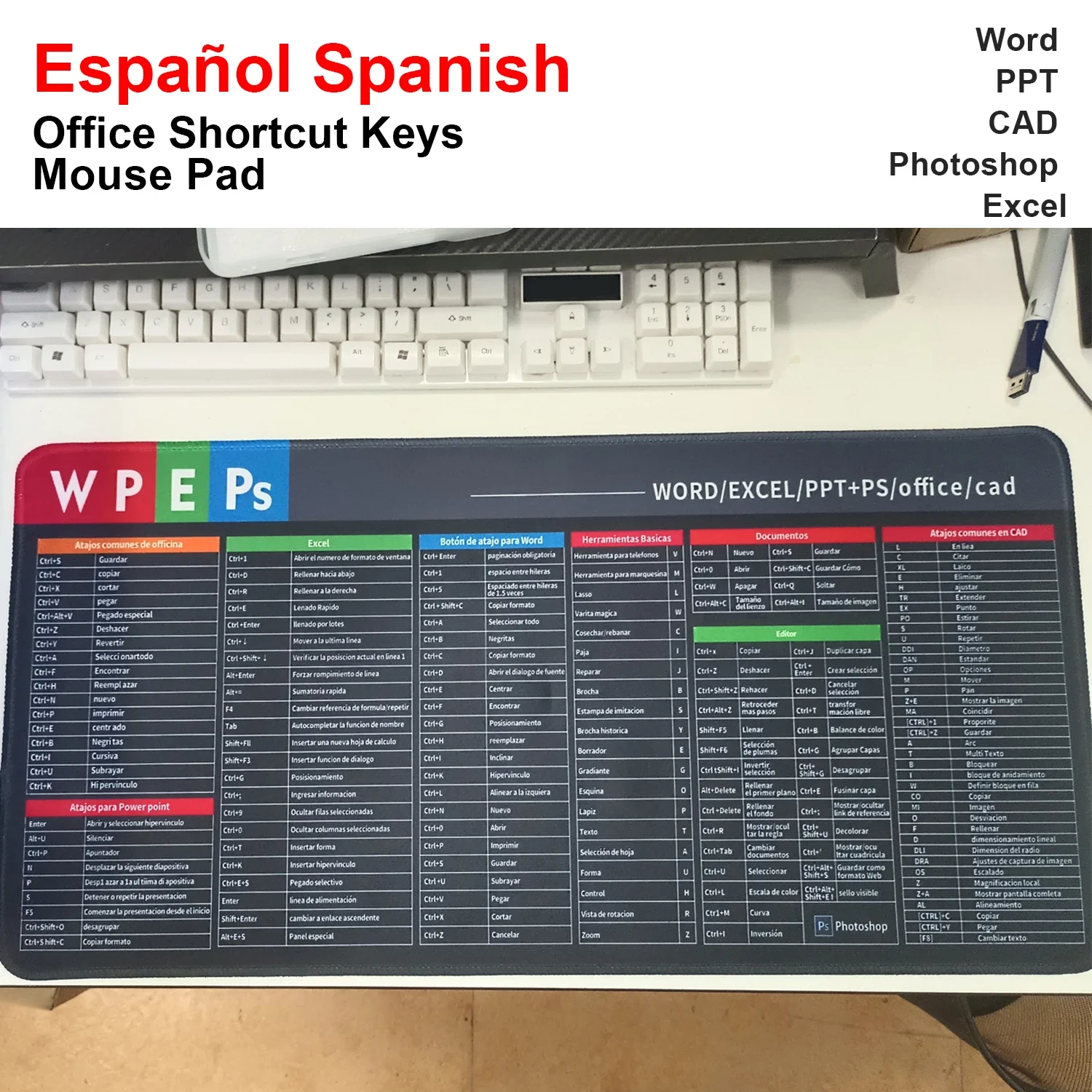 Spanish Shortcuts Mouse Pad - Large Keyboard Desk Mat for Office & Design | Word/Excel/PPT/Photoshop/CAD Hotkeys Cheat Sheet