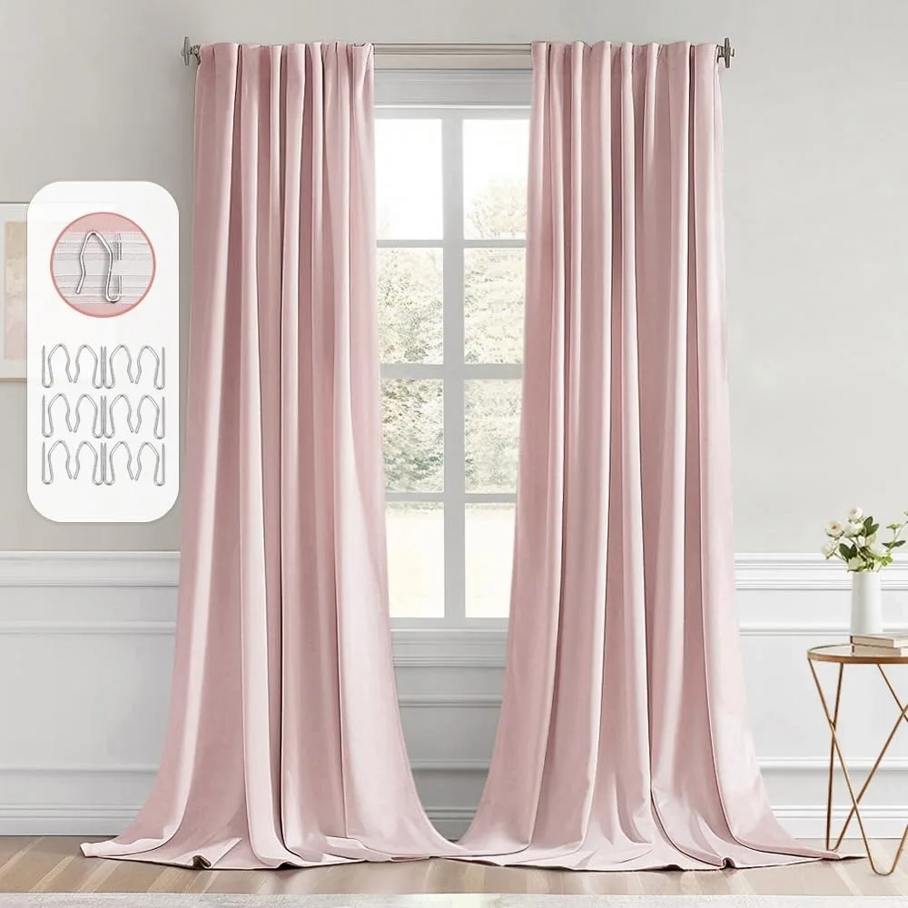 

miulee baby pink back tab blackout curtains 96 inch long 2 panels set for living room bedroom, rod pocket/pinch pleated long the