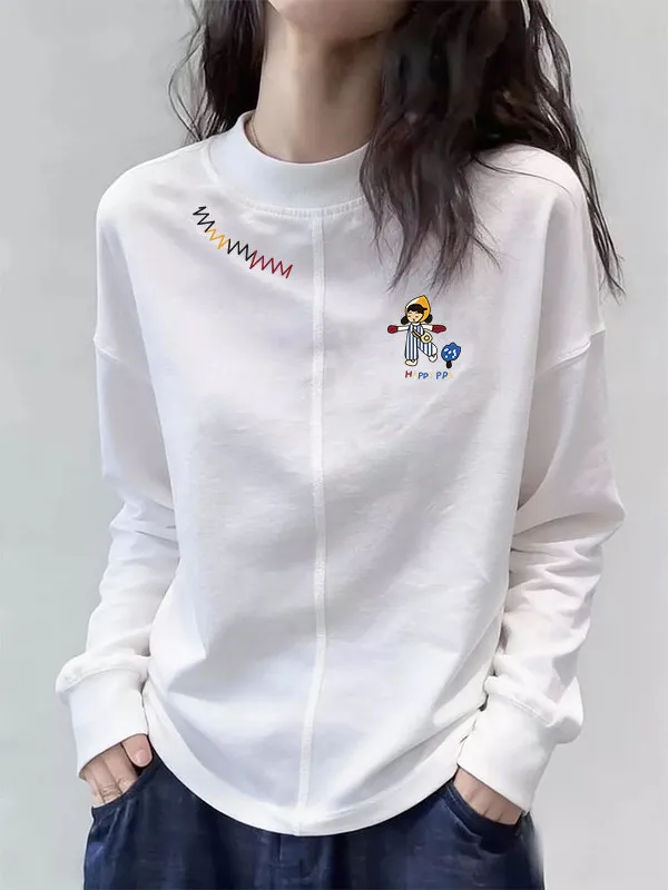 

Белая женская футболка с длинным рукавом, дизайнерский принт с мультяшными персонажами, премиум-качество, европейский стиль, повседневный свободный крой