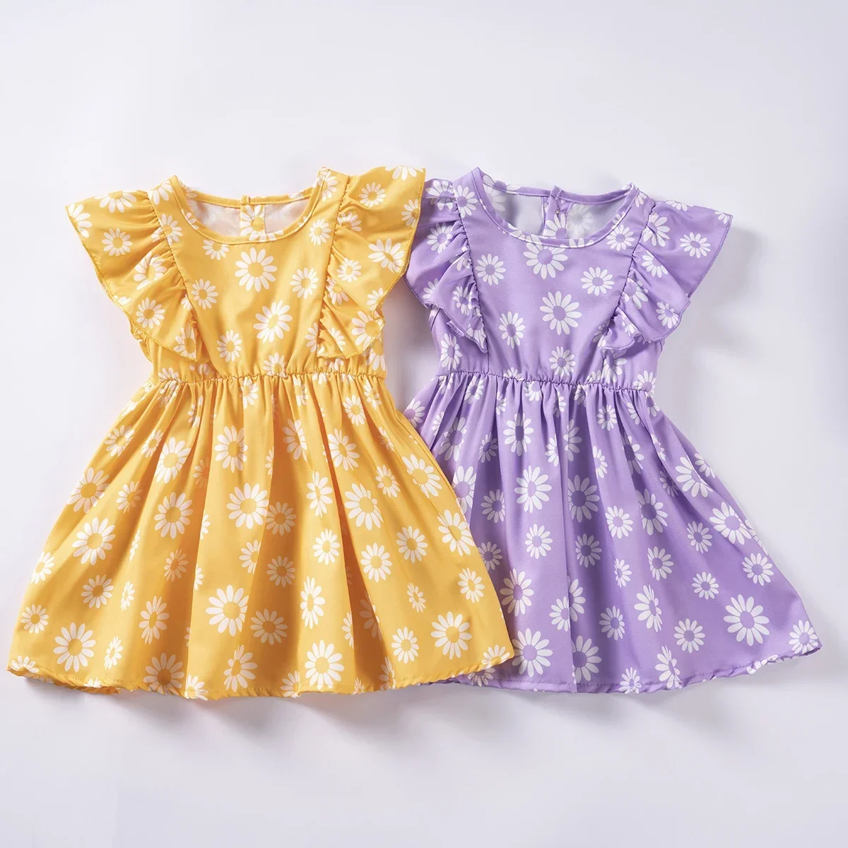 Summer Toddler Girls Daisy Full Print Cute Sleeveless Dress Purple/Yellow Daily Casual Round Neck Waistless Dress