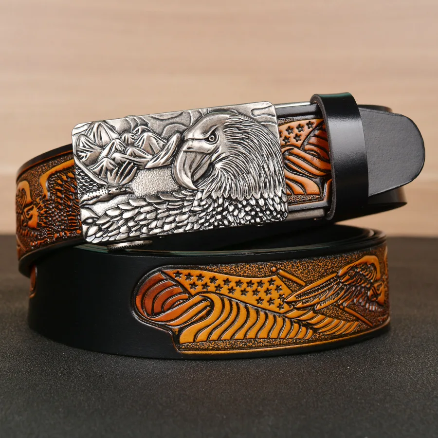 Personalized jeans with cowhide men's belt, eagle spreading wings, embossed automatic buckle belt