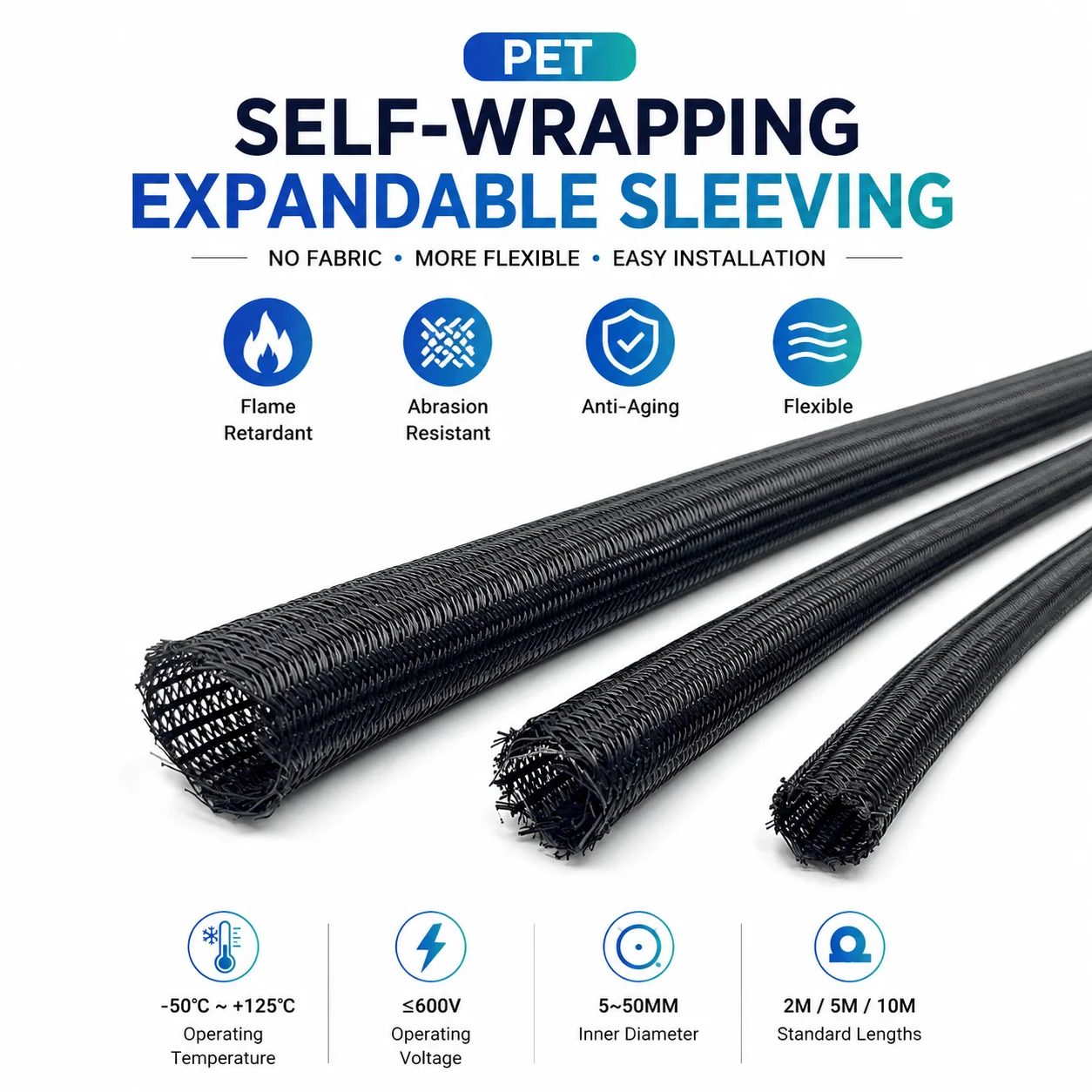 10/5/2M PET (Polyester) Opening Self Winding Sleeve (Non-Woven Version) ID5-50mm wire harness aging resistant protective tube.