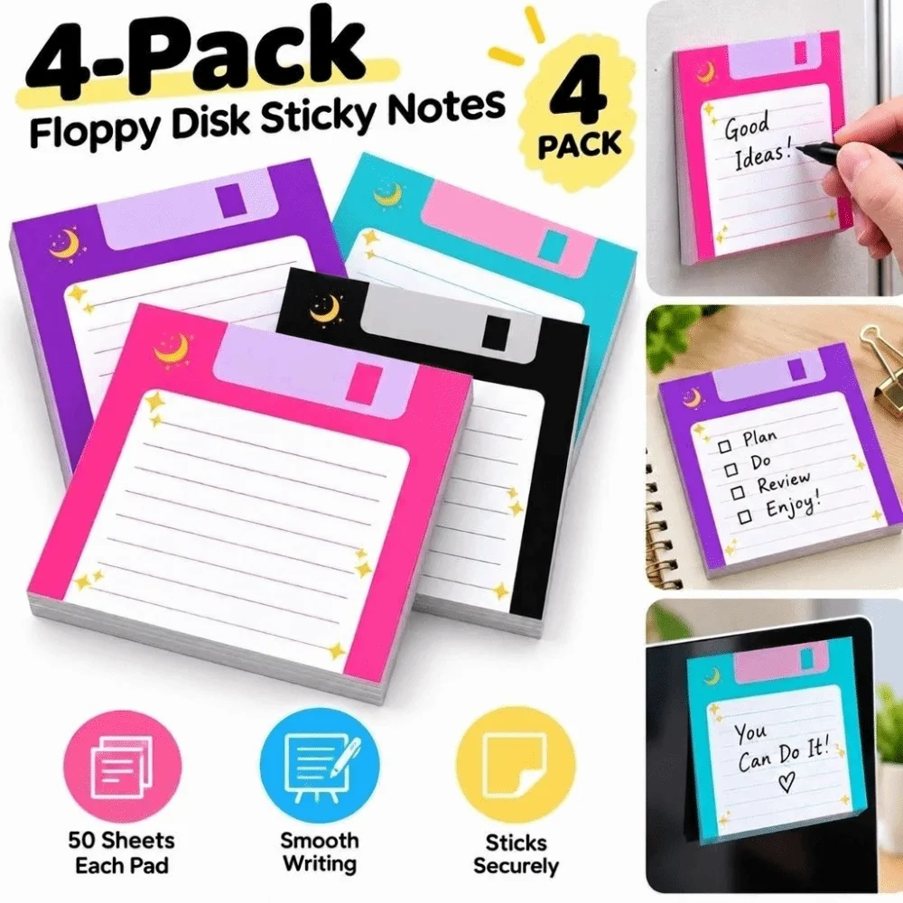 4pcs Set 50 Sheets Per Pad Floppy Disk Sticky Notes Lined Celestial Moon Notebook Planner Sticker Adhesive Paper Decorative