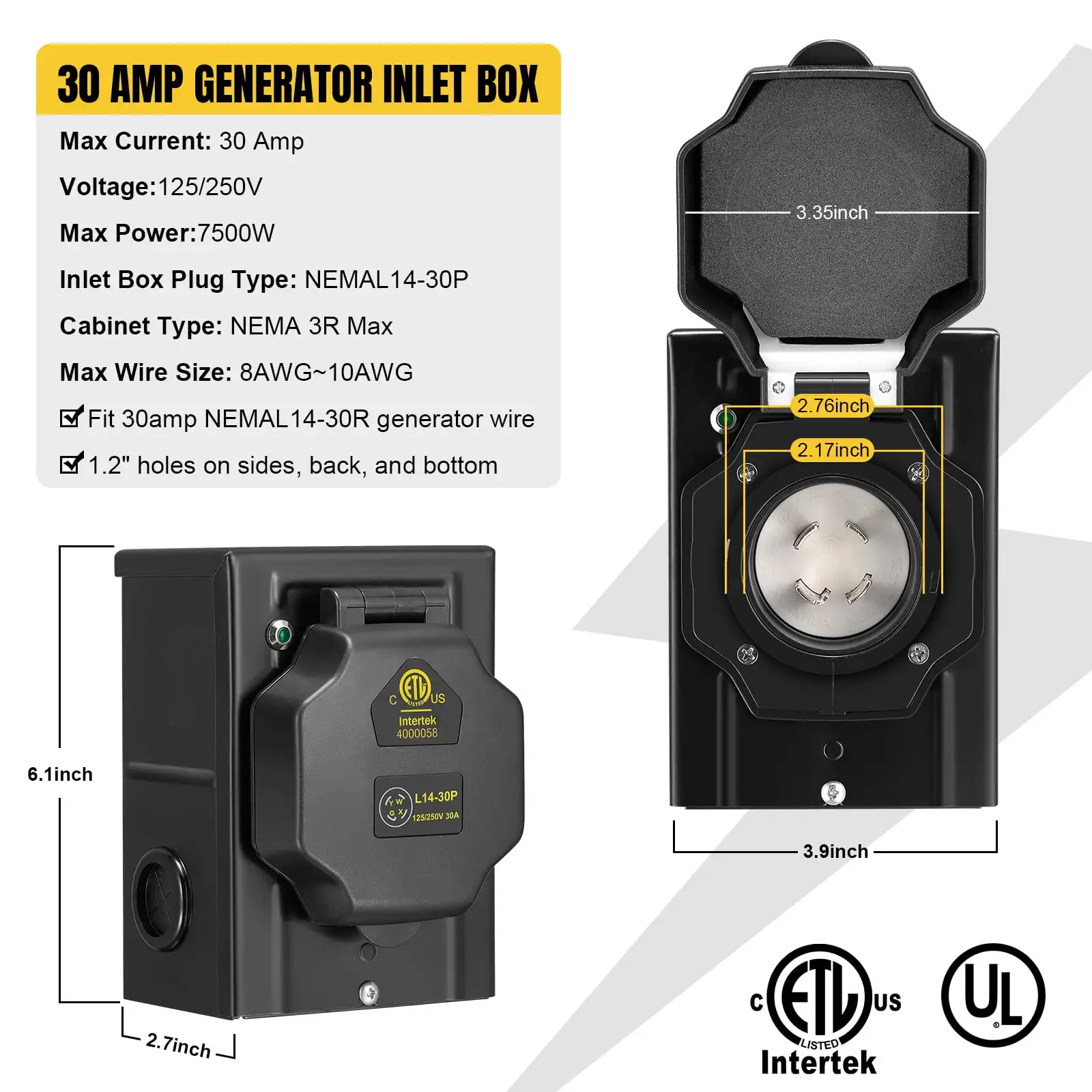 سلك مولد 15 قدم 30 أمبير مع صندوق مدخل طاقة محفور مسبقًا، سلك طاقة مولد عالي التحمل مصدر طاقة منزلي/RV #4