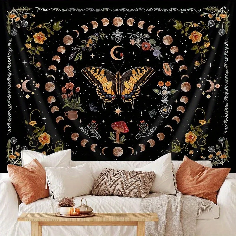 Artistic Celestial Design Polyester Fabric Butterfly Moon Phase Tapestry,No Power Indoor Decor Wall Hanging for Living Room