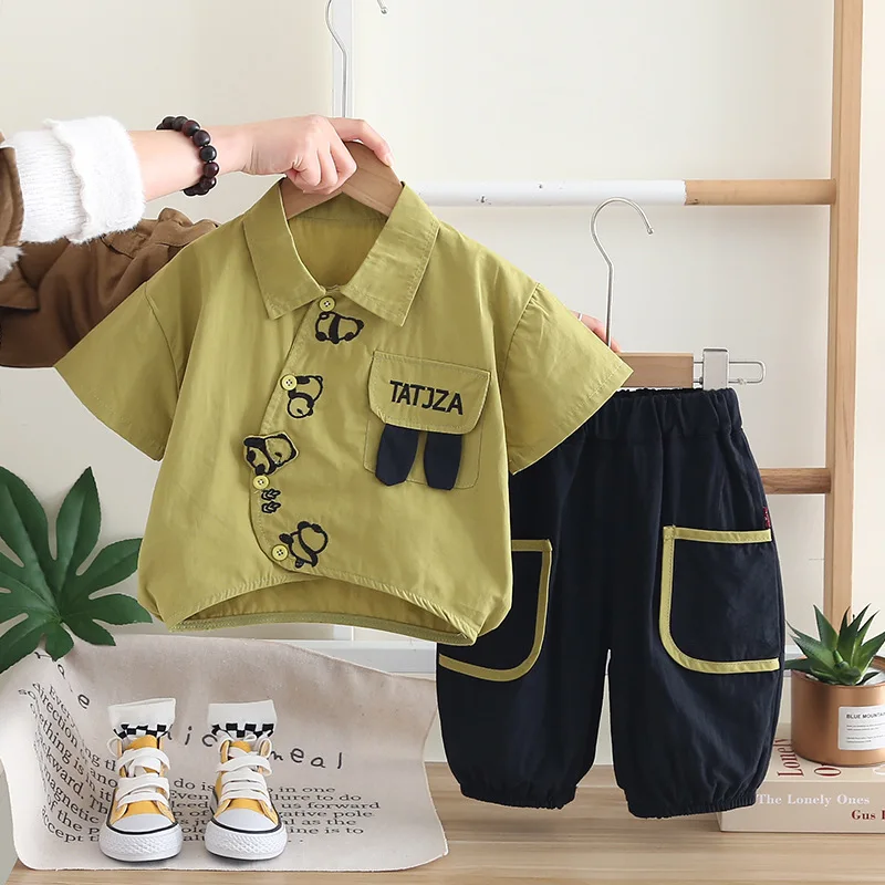 Boys summer short-sleeved shirt two-piece set new baby boy short-sleeved four panda Chinese style