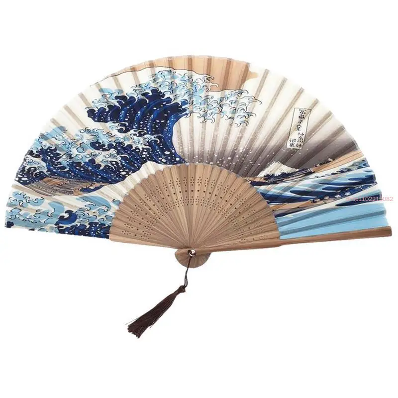 10Pcs/Lot Real Silk Hand Fan Mount Fuji Kanagawa Waves Japanese Folding Pocket Wedding Decoration Gift Event Supplies