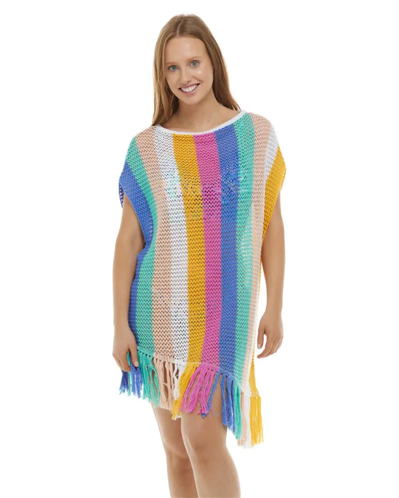 Rainbow Stripe Tassel Casual Short Sleeve Knitting Bikini Cover-ups For Women 2023 Summer Beach Wear Swim Suit Cover Up