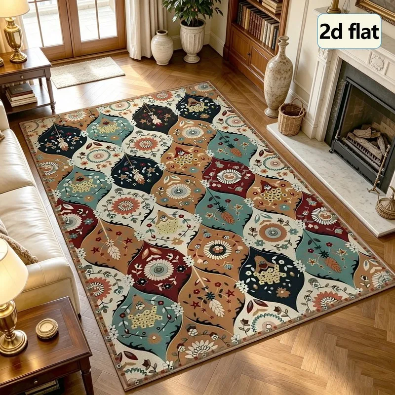 1Pc Bohemian Vintage Area Rugs, Soft and Comfortable, Easy to Maintain, Machine Washable Indoor Floor Mat, under Table Farmhouse