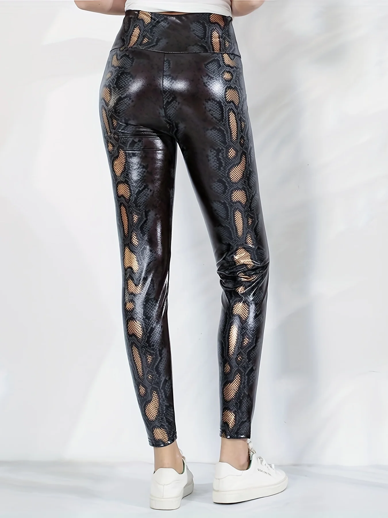 European And American Women\'s New Leggings High-waisted Tight Stretch Brown Snake Bright Leather Personality Nine-point Pants