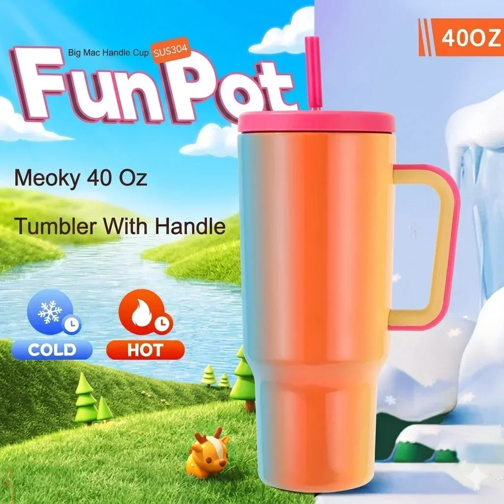 Bouteille d'eau isotherme 40 oz en acier inoxydable avec poignée et paille, gourde sous vide, tasse de voyage isolée pour voiture, thermos