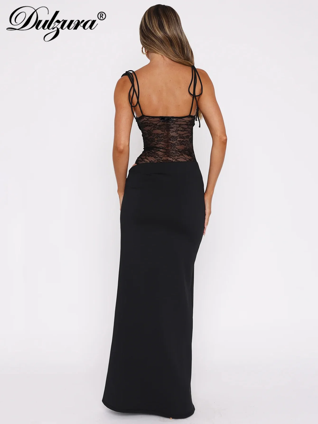 Dulzura Senza maniche Backless Cut Out Lace Up See Though Lace Patchwork Cami Maxi Dress Solid Sexy Abito elegante Party Club Outfit