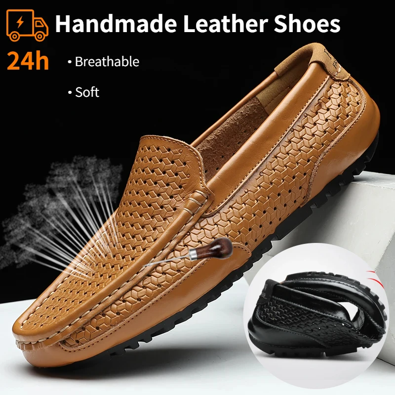 2024 Casual Shoes Summer Men Luxury Brand Genuine Leather Mens Loafers Moccasins Hollow Out Breathable Slip on Driving Shoes