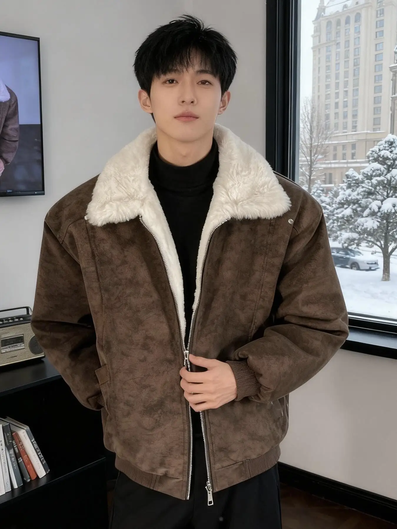 

Куртка из искусственной кожи с меховым воротником ягненка, зимнее пальто для мужчин, рабочая одежда в стиле ретро, хлопковая куртка-стойка, повседневная одежда