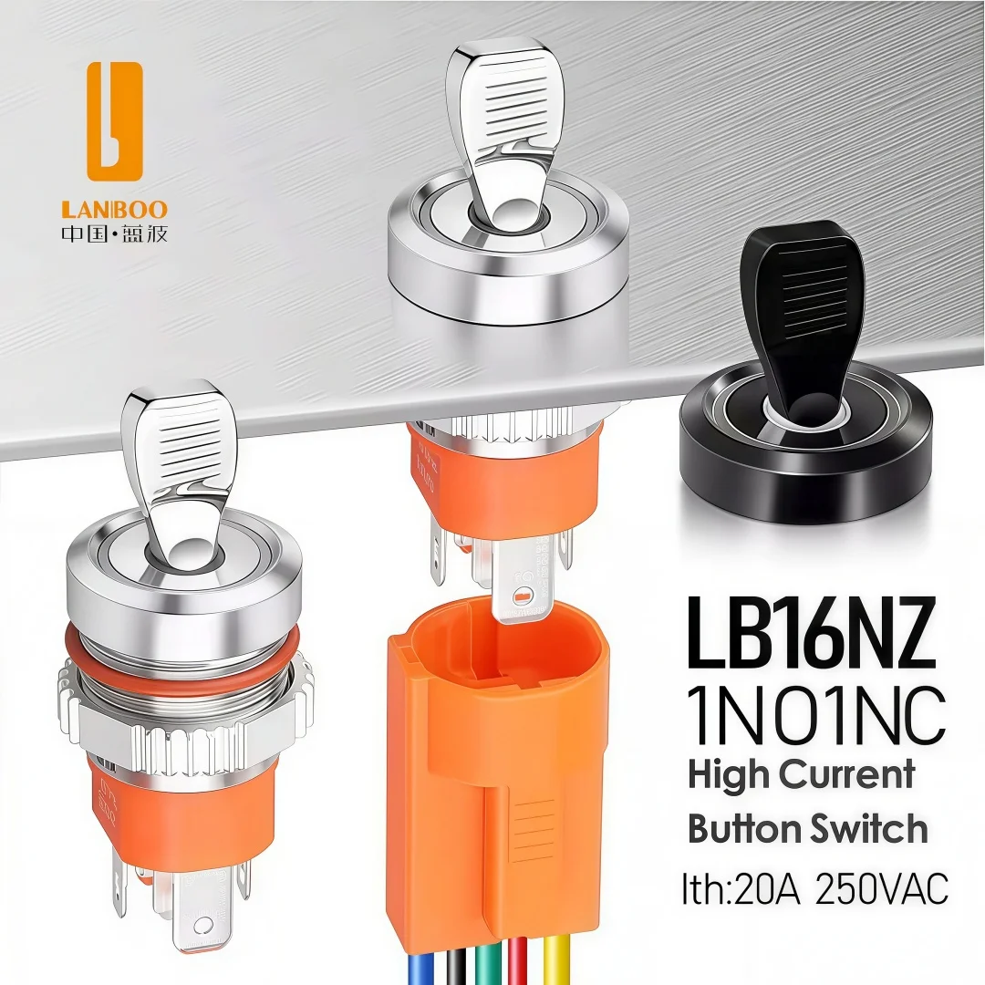LANBOO 16mm Waterproof Push Button Switch 20A High Current with LED Toggle 5V-24V 220V Made of Brass Metal IP65 Level