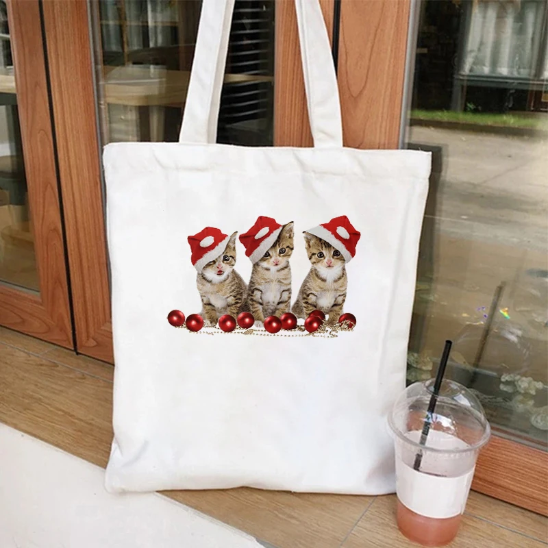 CuteMerry Christmas Cat Print Canvas Tote Bags Women\'s Christmas Party Shopping Bag Anime Kitten Shoulder Bag Female Handbags