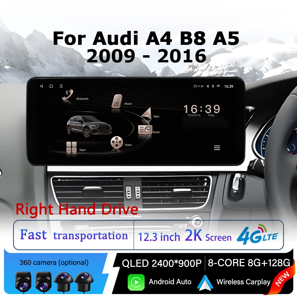 

QLED 2400*900P Android 14 Right Hand Drive for Audi A4 B8 A5 2009 - 2016 Car Radio Multimedia Touch Display BT GPS Navi Carplay