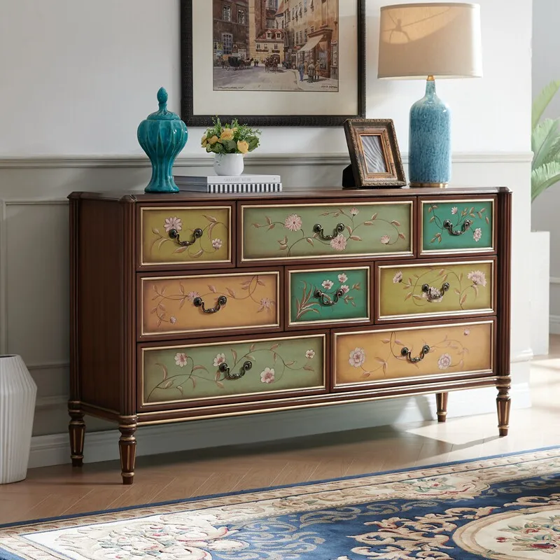 American rural entrance eight bucket cabinet solid wood European drawer cabinet decorative cabinet bedroom storage finishing cab