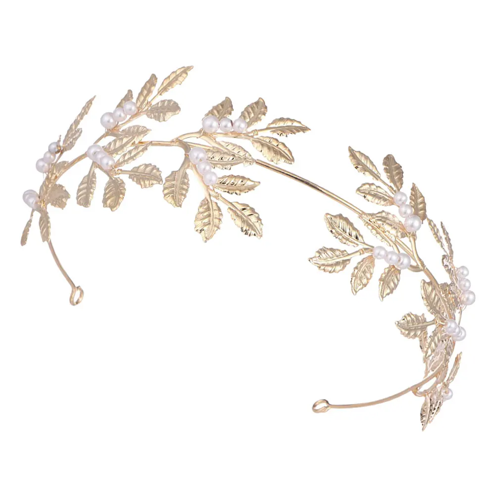 

Pearl Headband Crown for Bride Wedding Tiaras Women Birthday Prom Golden Bridal Hair Accessories Fake Pearl Tiara Leaf Design
